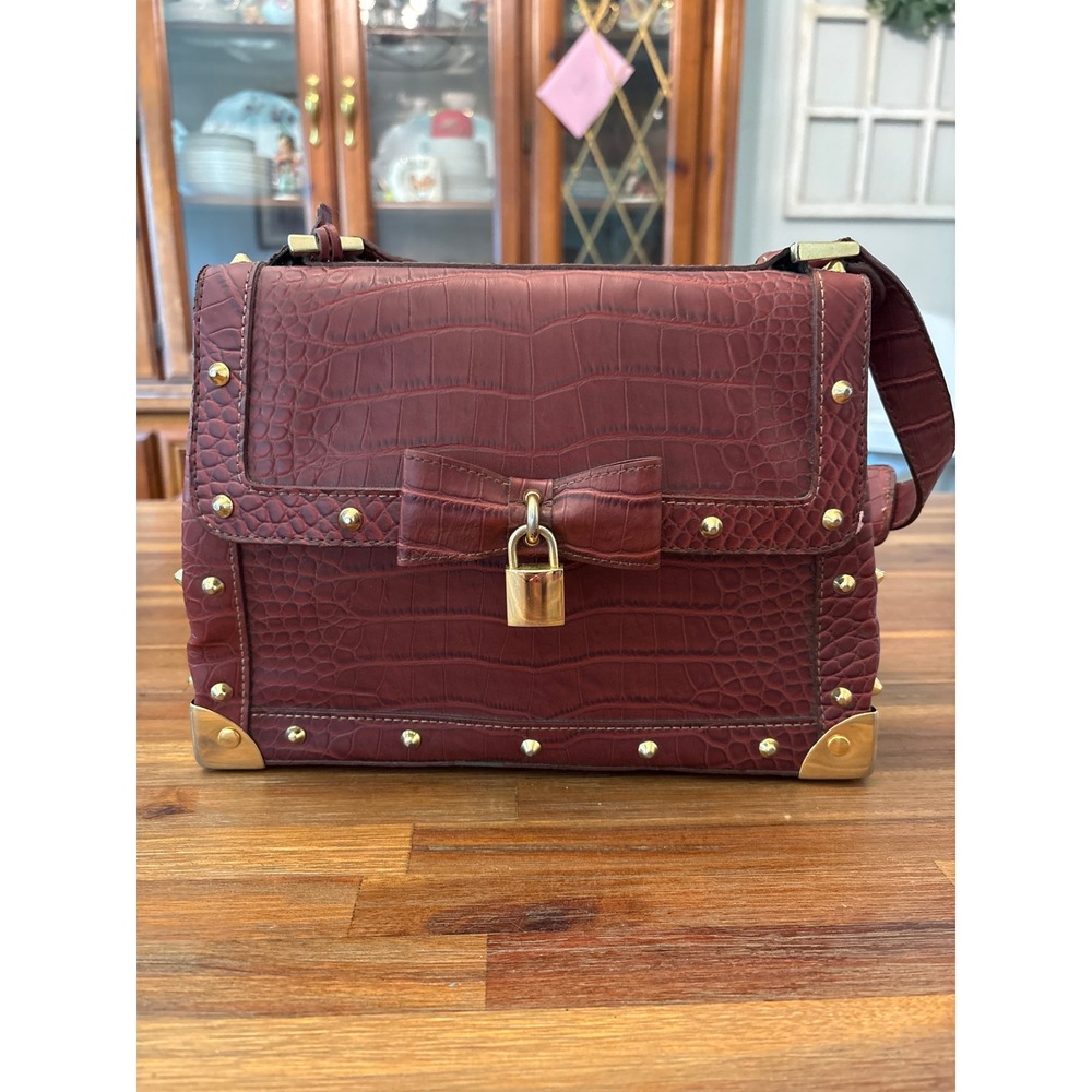 Unbranded Satchel Bag Womens Medium Burgundy Good Croc Embossed Studded Bow Bag